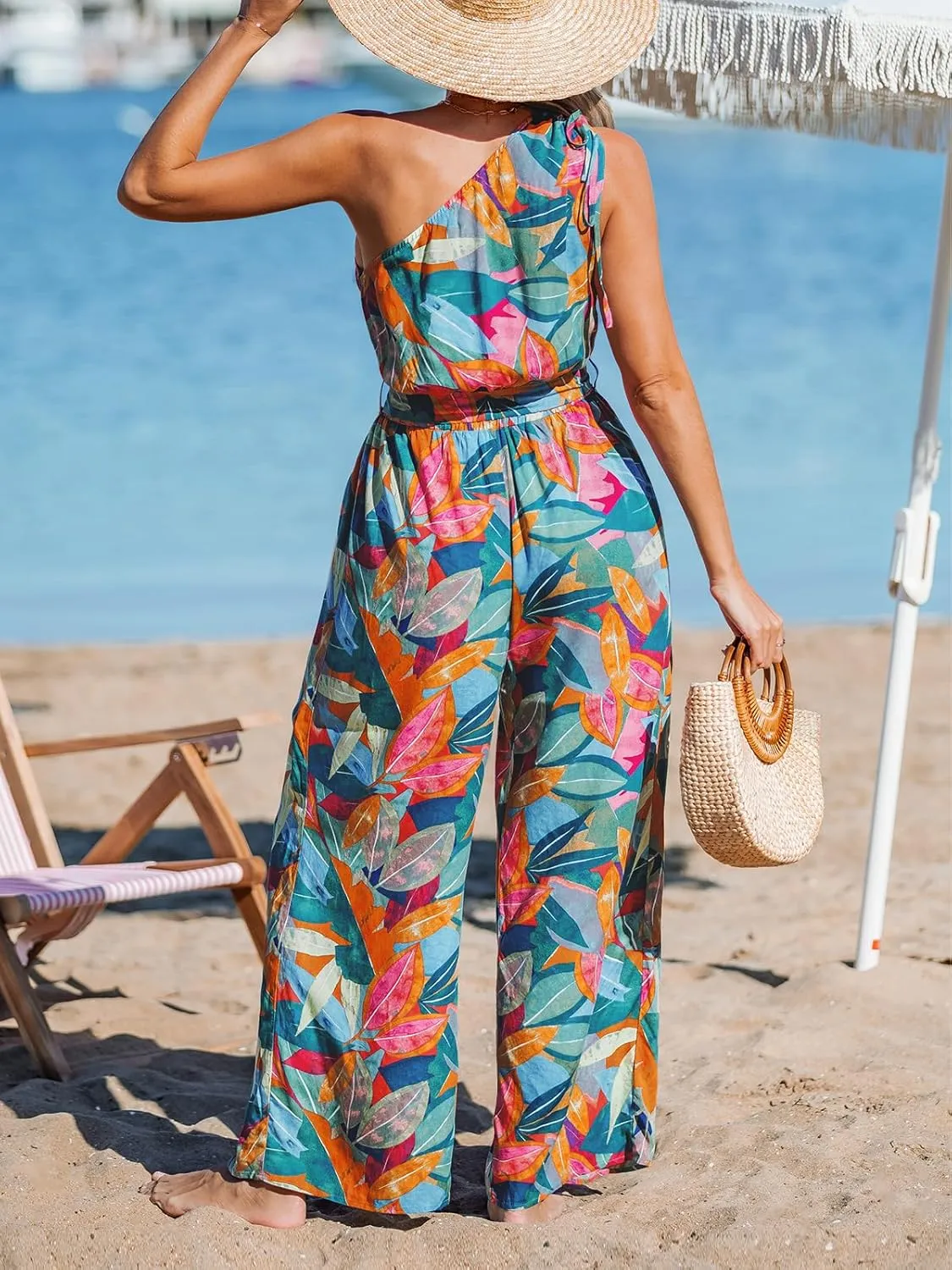 CUPSHE Women One Shoulder Summer Jumpsuit with Pocket Elastic Waist Tie Overall Wide Leg Casual Beach Holiday Romper