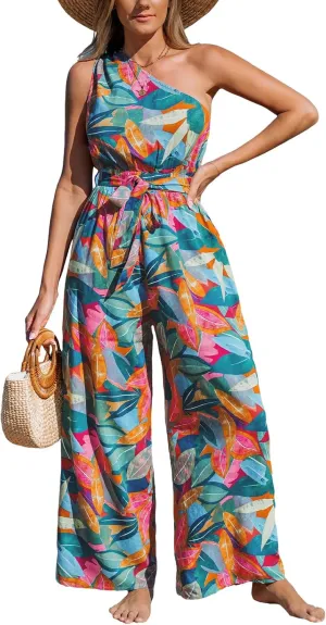 CUPSHE Women One Shoulder Summer Jumpsuit with Pocket Elastic Waist Tie Overall Wide Leg Casual Beach Holiday Romper