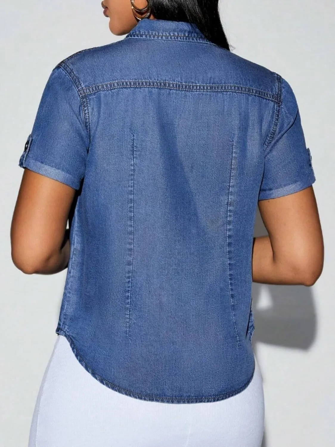 Denim Shirt Women Short Sleeve Button Down Flap Pocket Casual Business Jean Shirts
