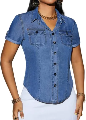 Denim Shirt Women Short Sleeve Button Down Flap Pocket Casual Business Jean Shirts