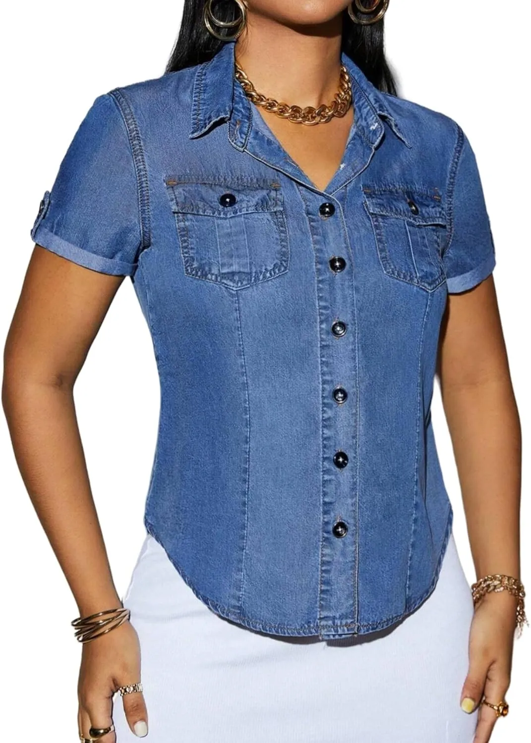 Denim Shirt Women Short Sleeve Button Down Flap Pocket Casual Business Jean Shirts