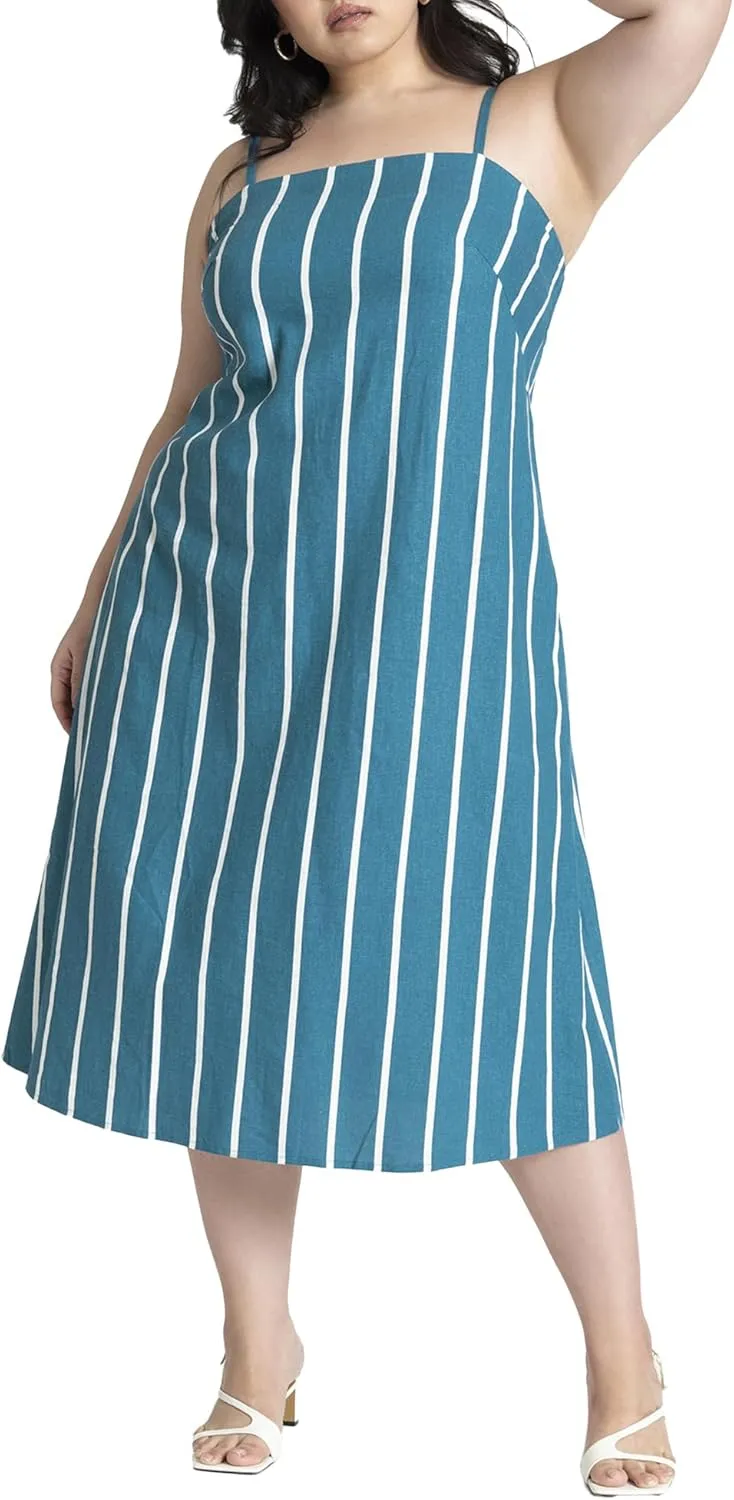 ELOQUII Women's Plus Size Stripe Linen Midi Dress