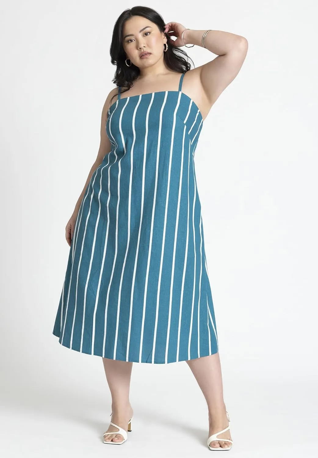 ELOQUII Women's Plus Size Stripe Linen Midi Dress