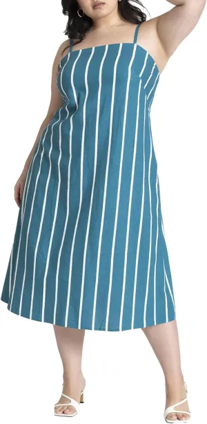 ELOQUII Women's Plus Size Stripe Linen Midi Dress