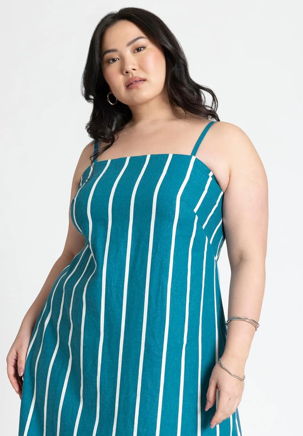 ELOQUII Women's Plus Size Stripe Linen Midi Dress