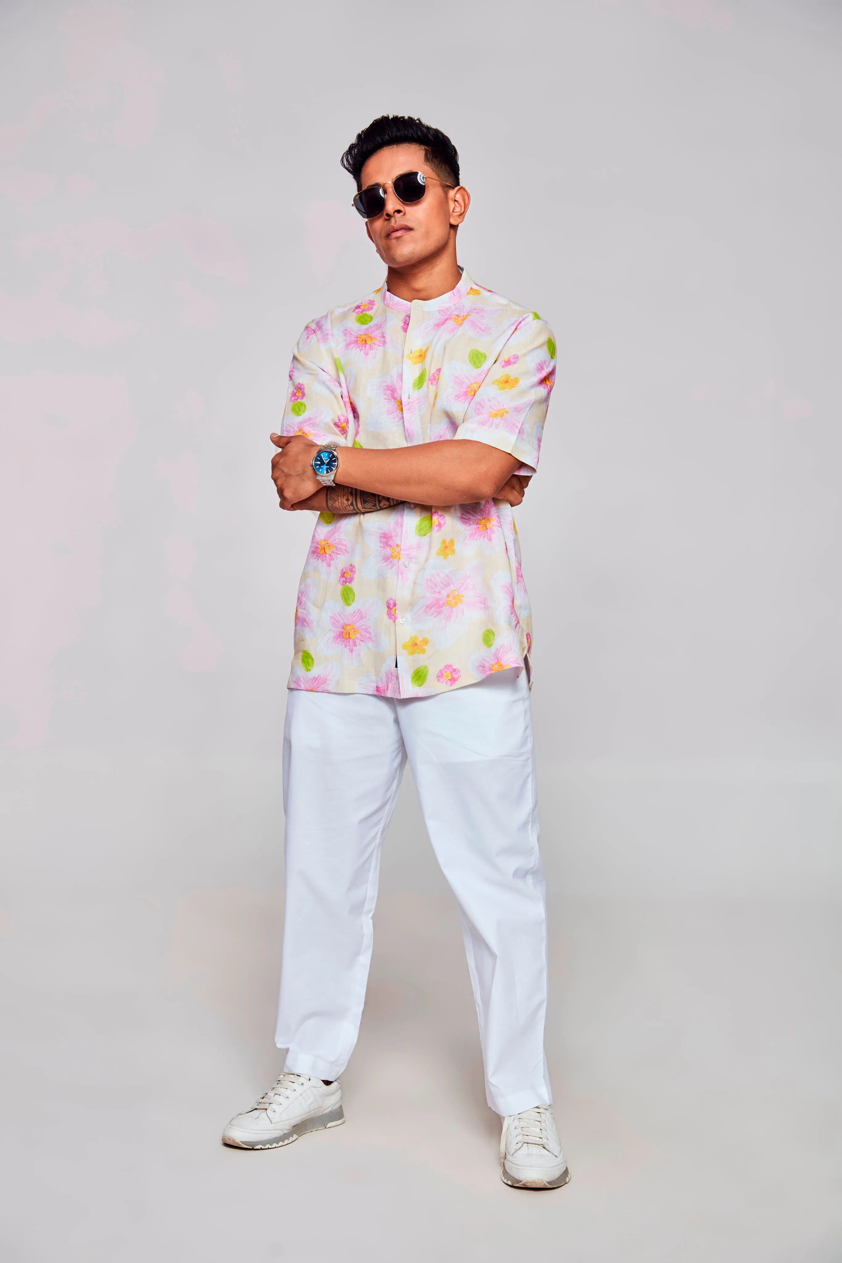Enchanting Blossoms Printed Pure Linen Short Sleeve Unisex Shirt