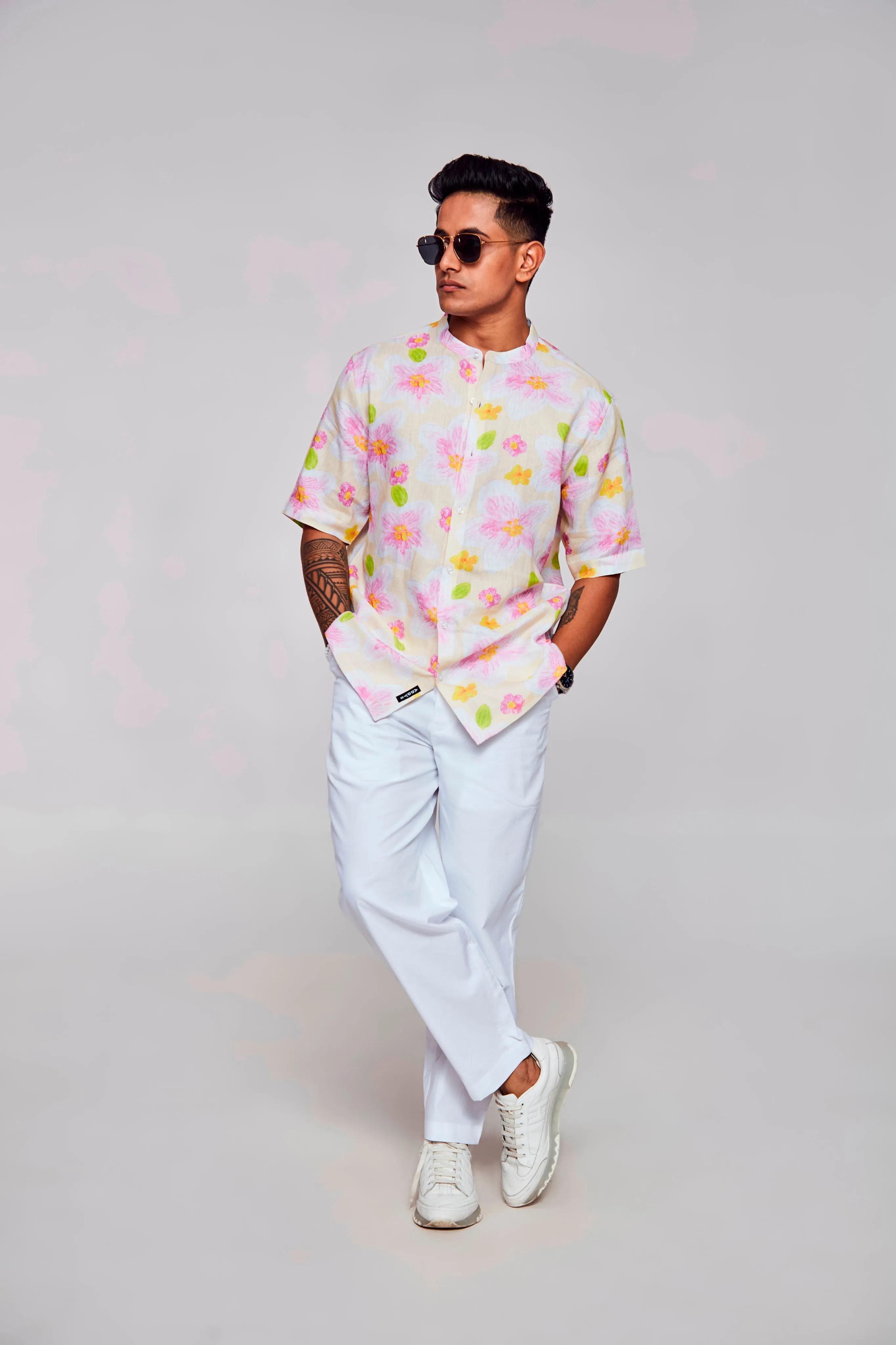 Enchanting Blossoms Printed Pure Linen Short Sleeve Unisex Shirt