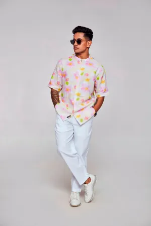 Enchanting Blossoms Printed Pure Linen Short Sleeve Unisex Shirt