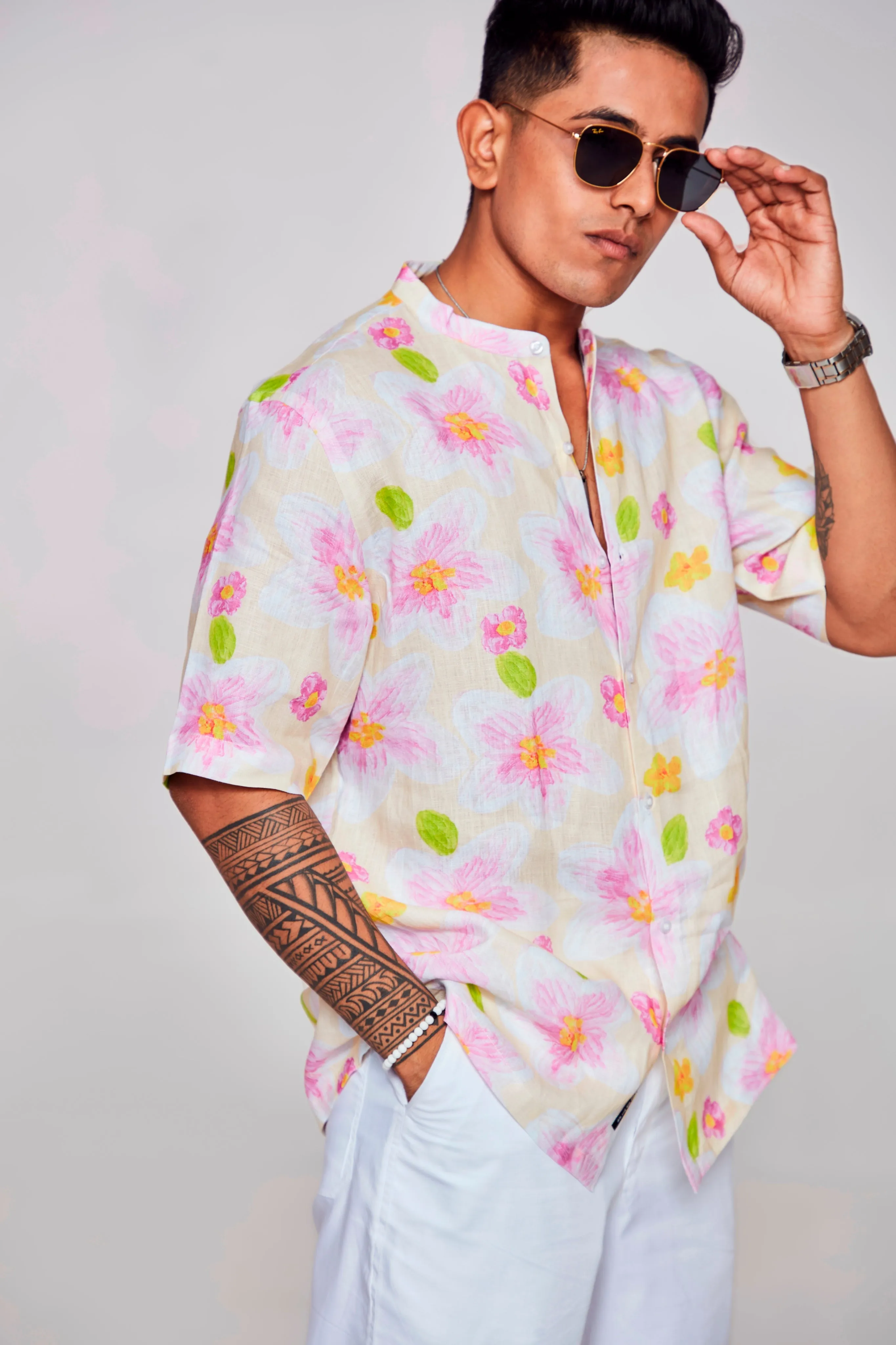 Enchanting Blossoms Printed Pure Linen Short Sleeve Unisex Shirt