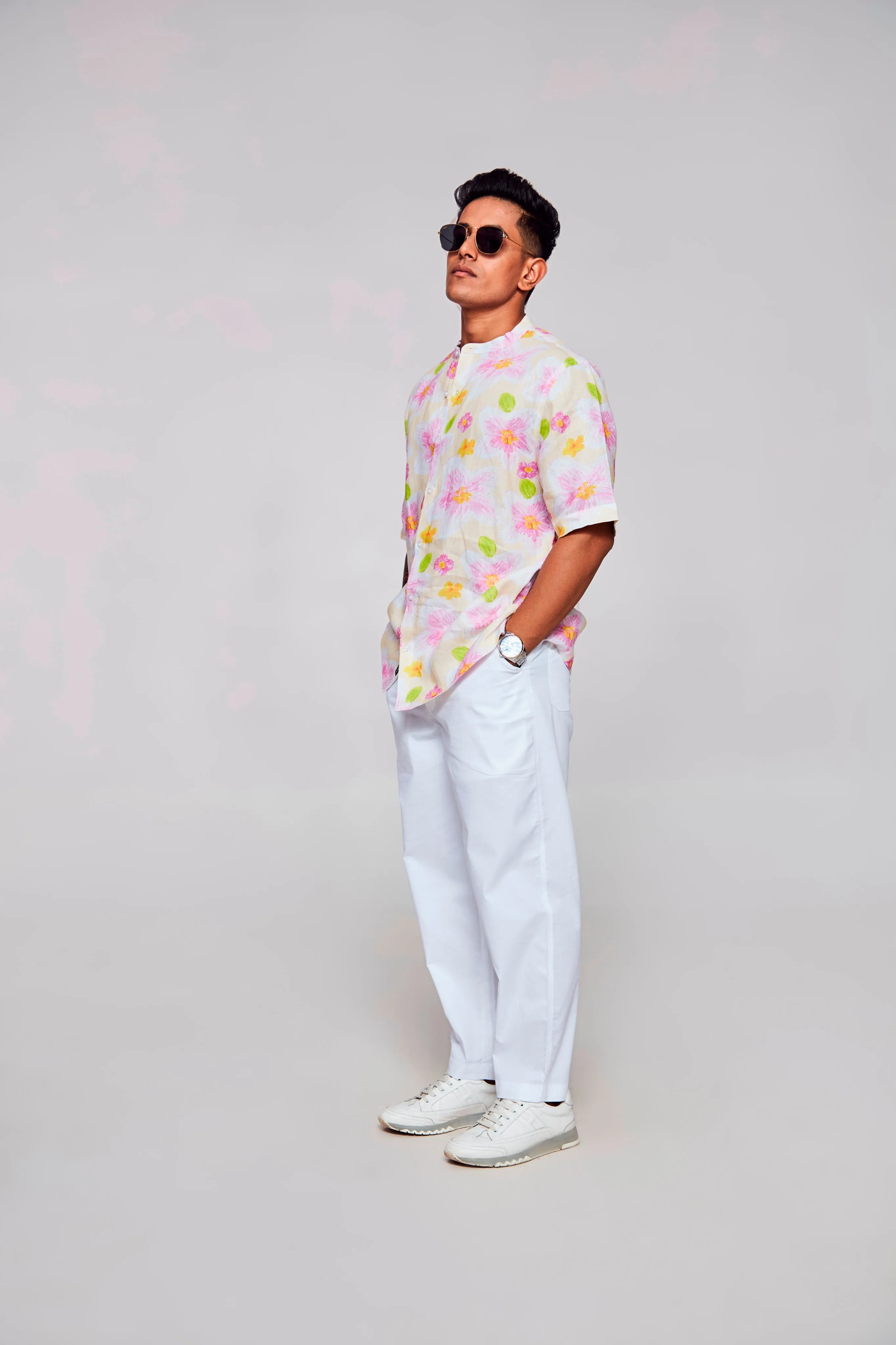 Enchanting Blossoms Printed Pure Linen Short Sleeve Unisex Shirt