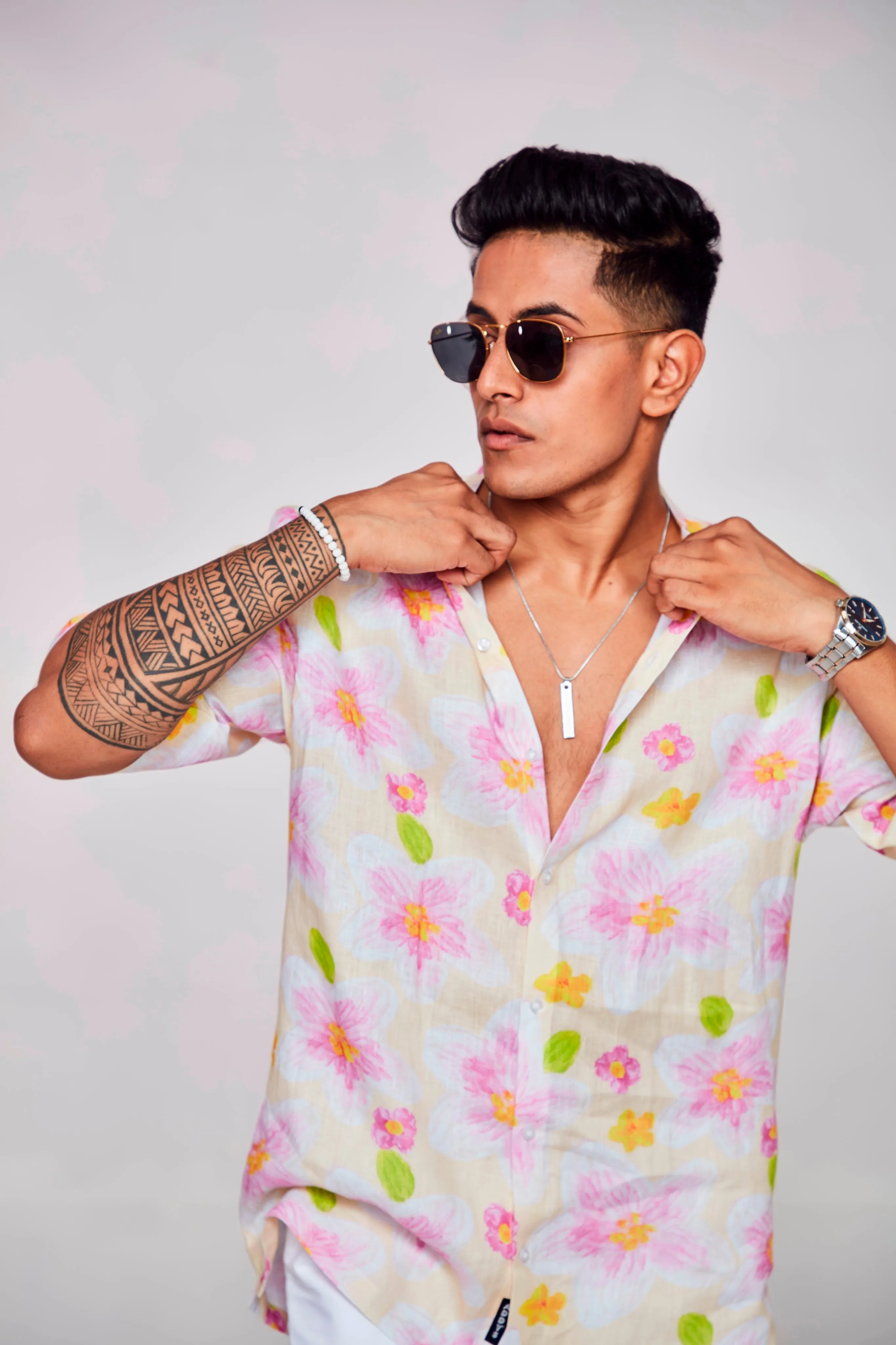 Enchanting Blossoms Printed Pure Linen Short Sleeve Unisex Shirt