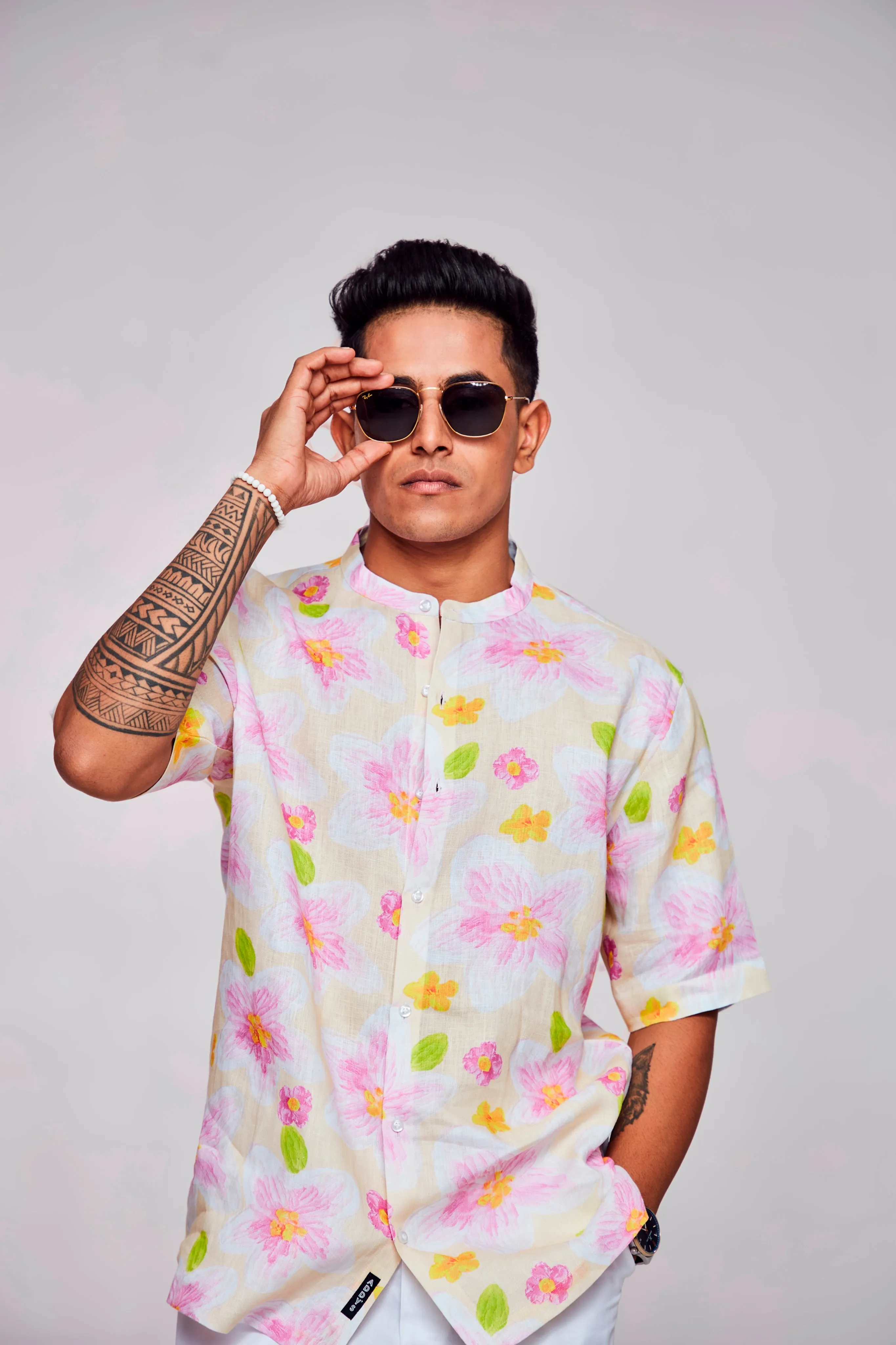 Enchanting Blossoms Printed Pure Linen Short Sleeve Unisex Shirt