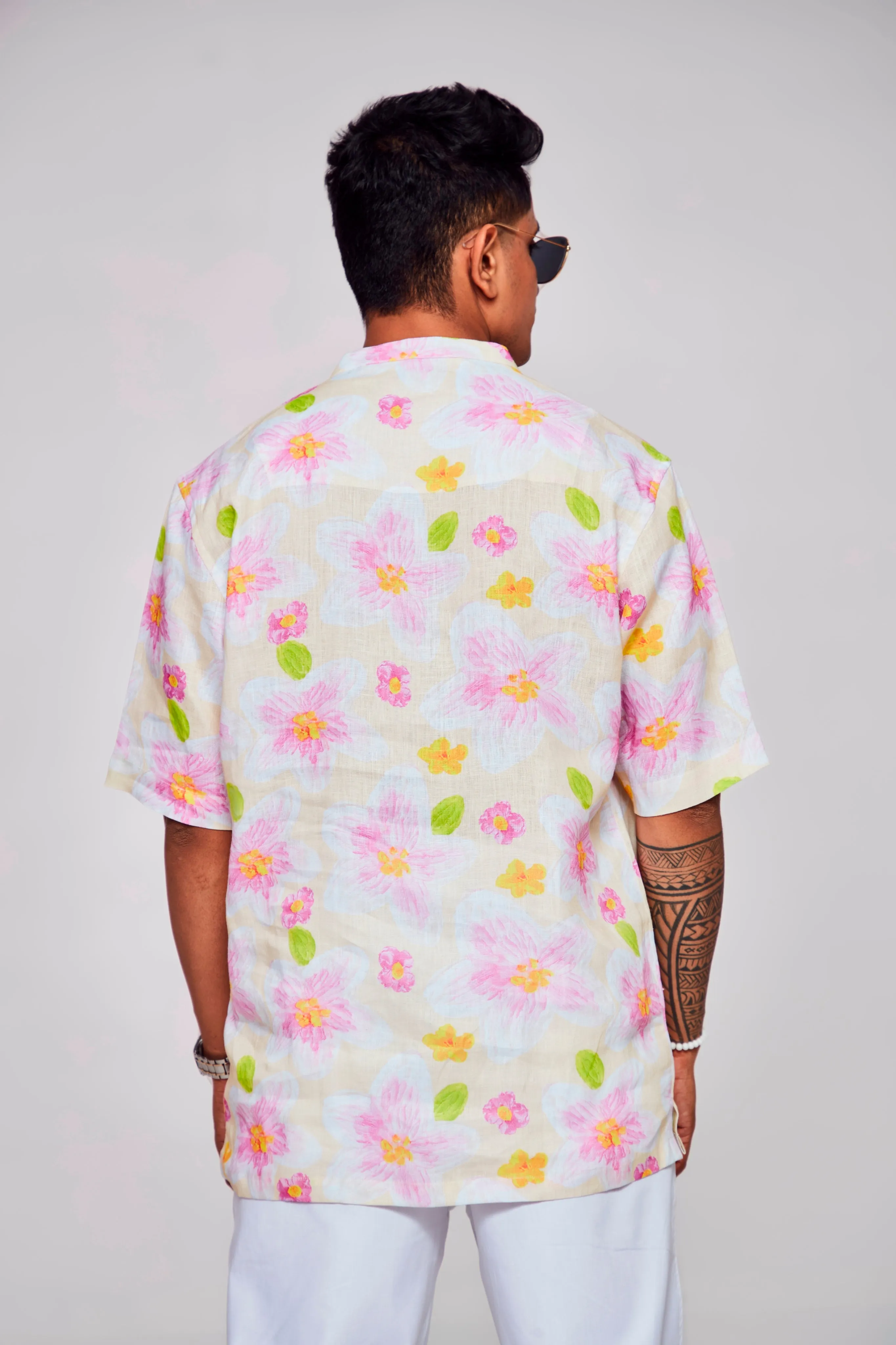 Enchanting Blossoms Printed Pure Linen Short Sleeve Unisex Shirt