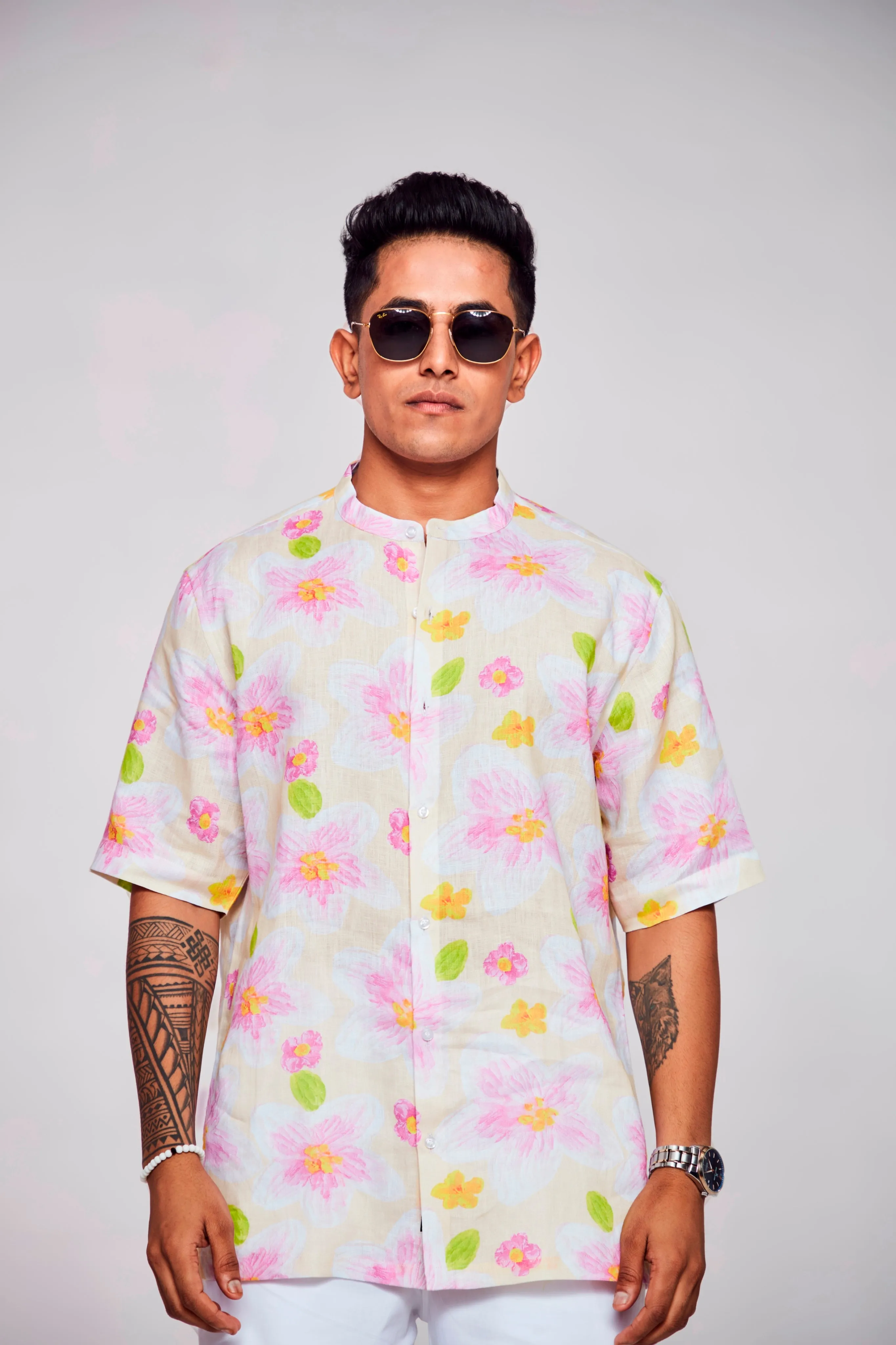 Enchanting Blossoms Printed Pure Linen Short Sleeve Unisex Shirt