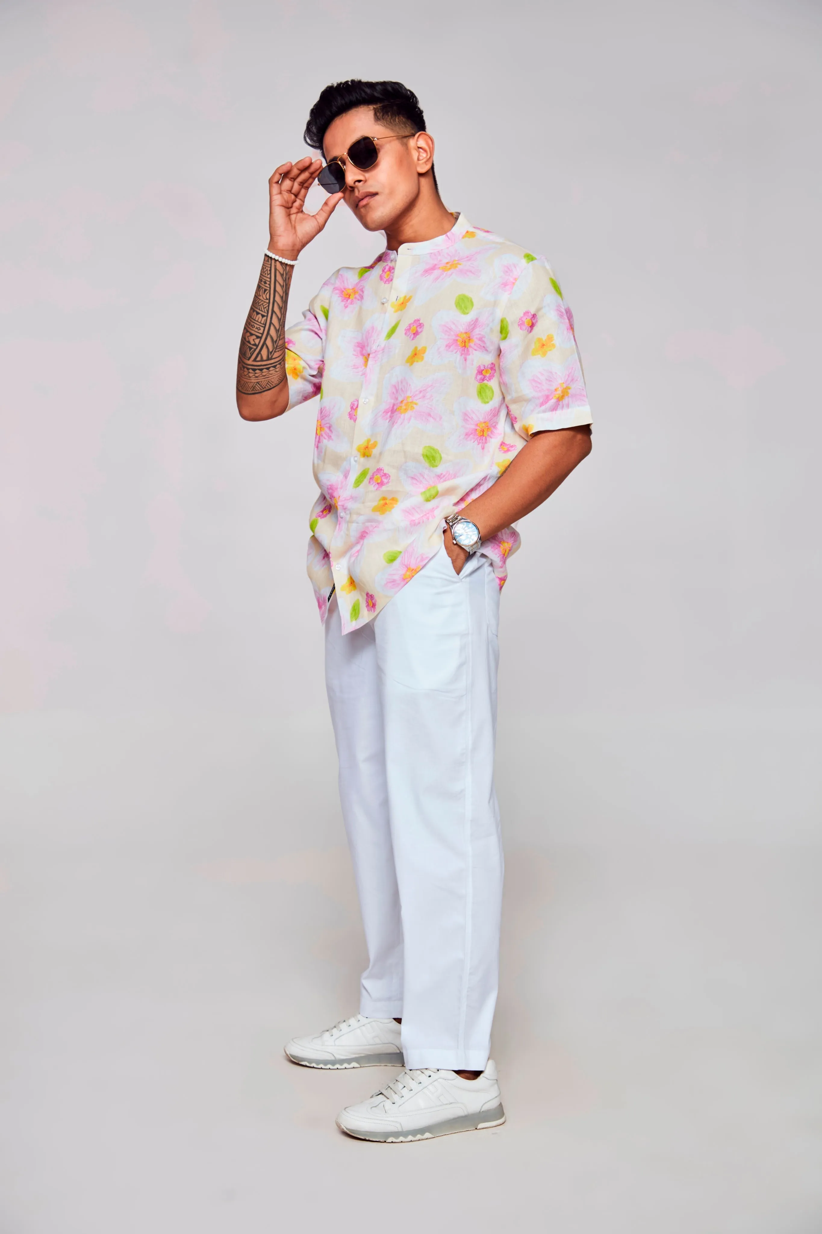 Enchanting Blossoms Printed Pure Linen Short Sleeve Unisex Shirt