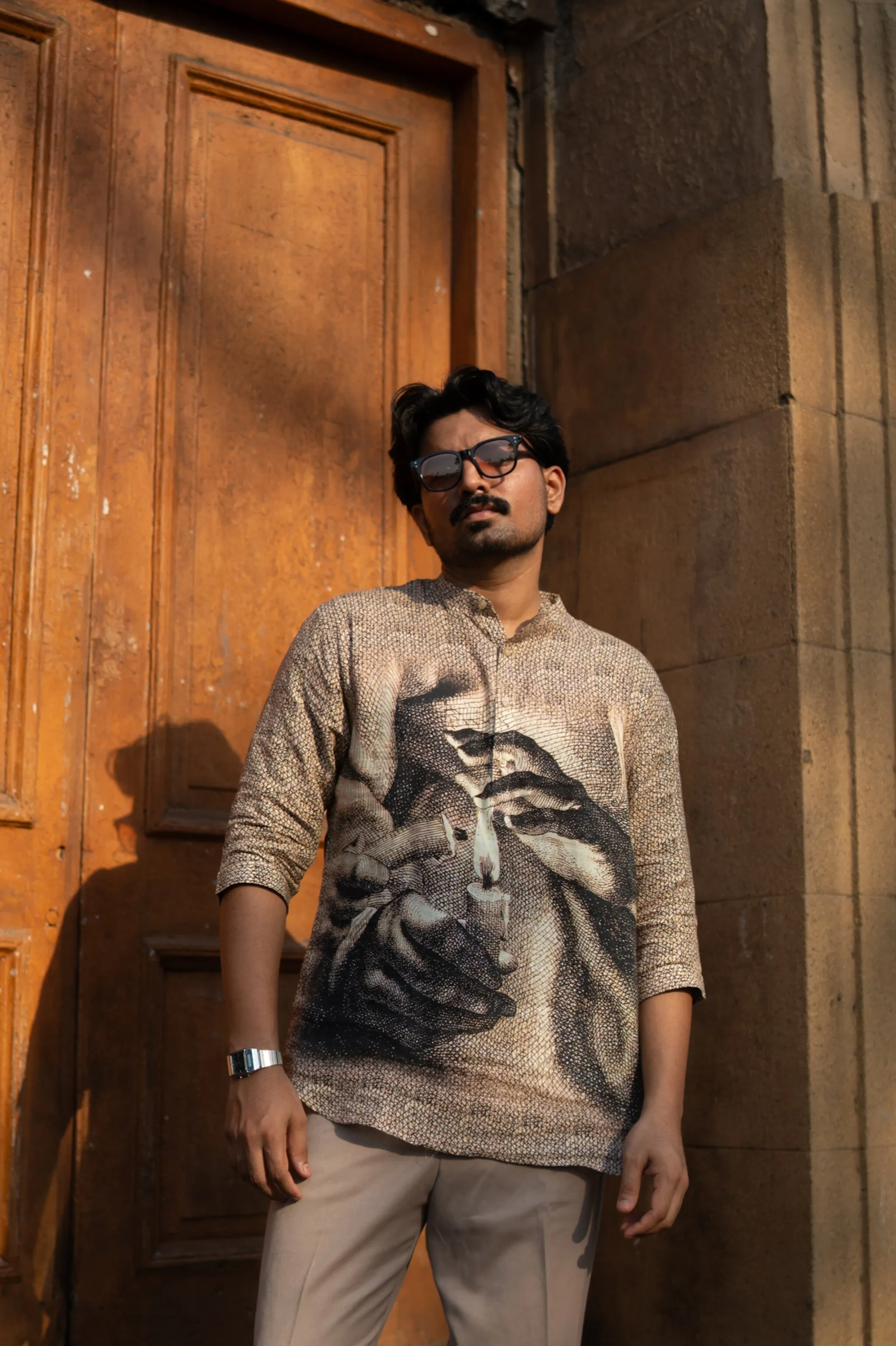 Eternal Flame Unisex Digital Print Pure Linen Kurta Style Shirt - AddysForMen