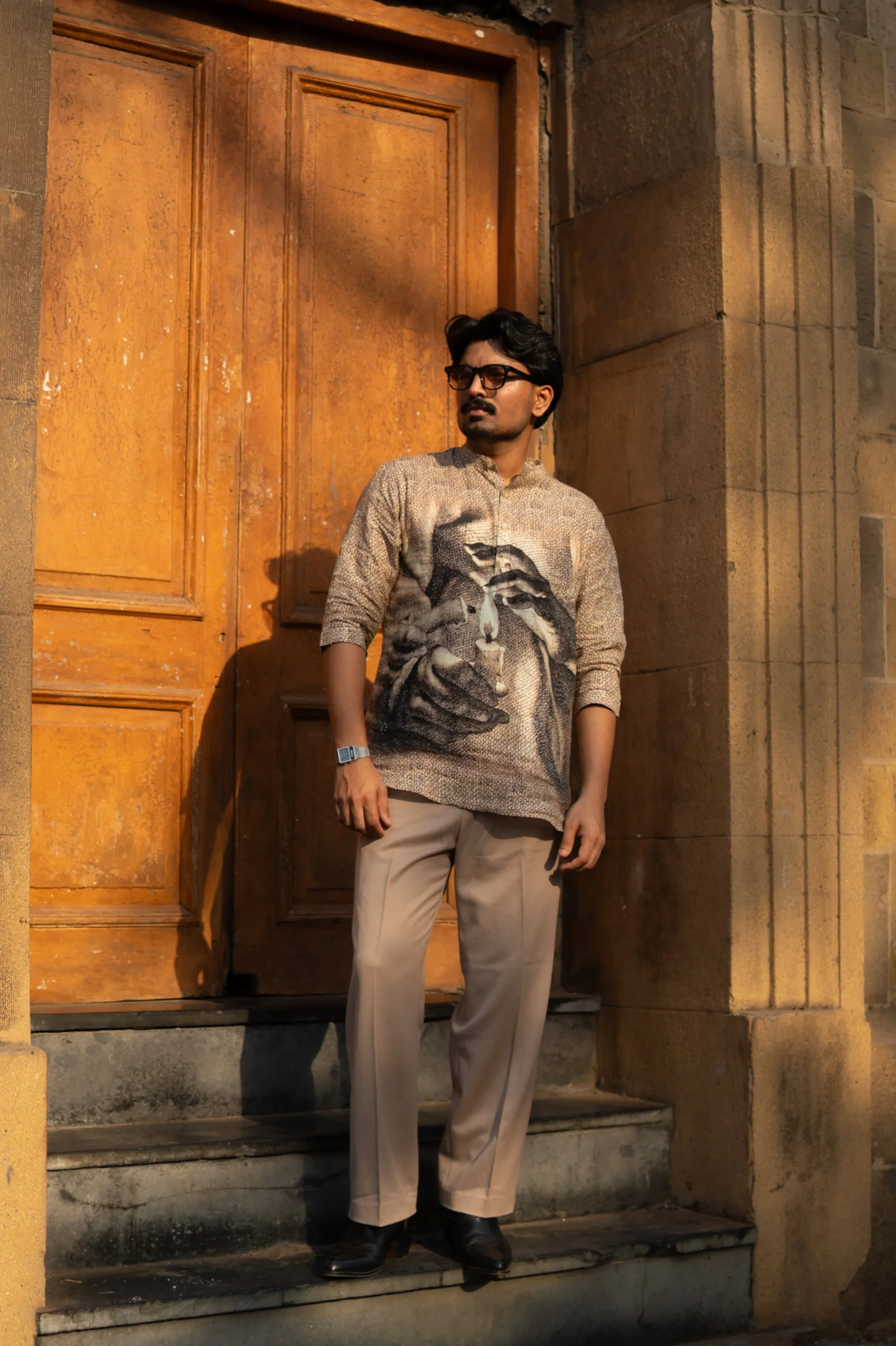Eternal Flame Unisex Digital Print Pure Linen Kurta Style Shirt - AddysForMen