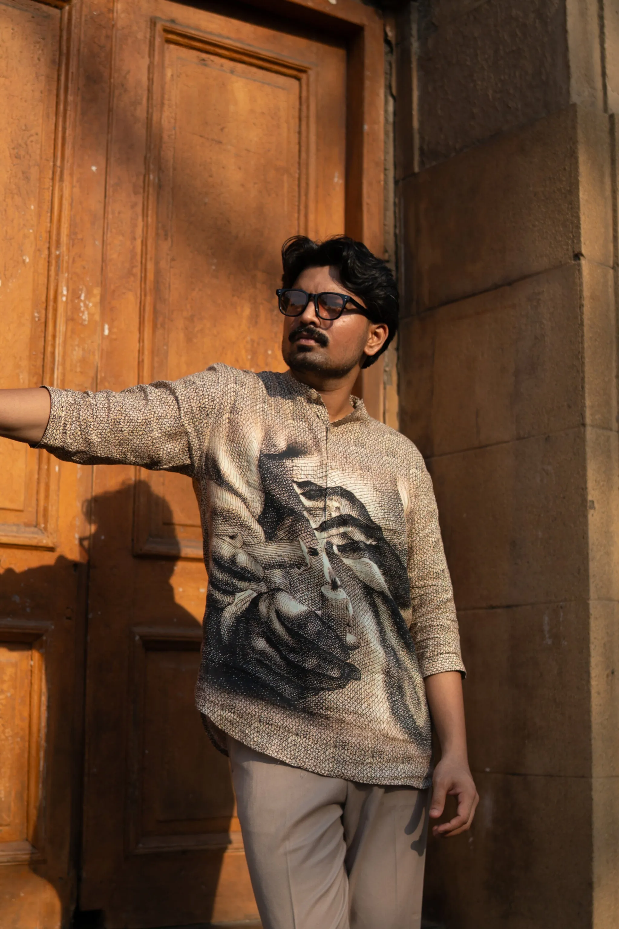 Eternal Flame Unisex Digital Print Pure Linen Kurta Style Shirt - AddysForMen