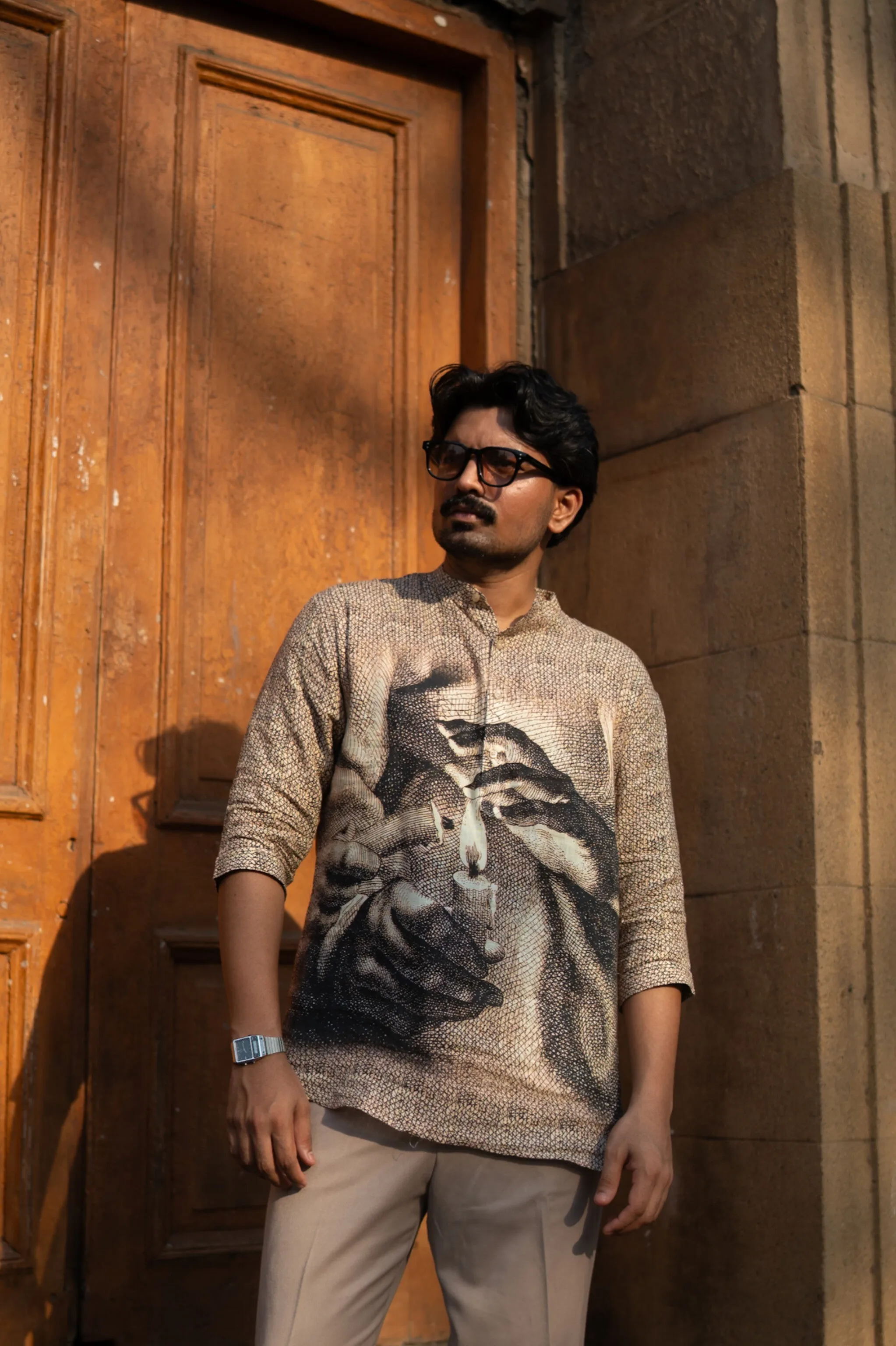 Eternal Flame Unisex Digital Print Pure Linen Kurta Style Shirt - AddysForMen