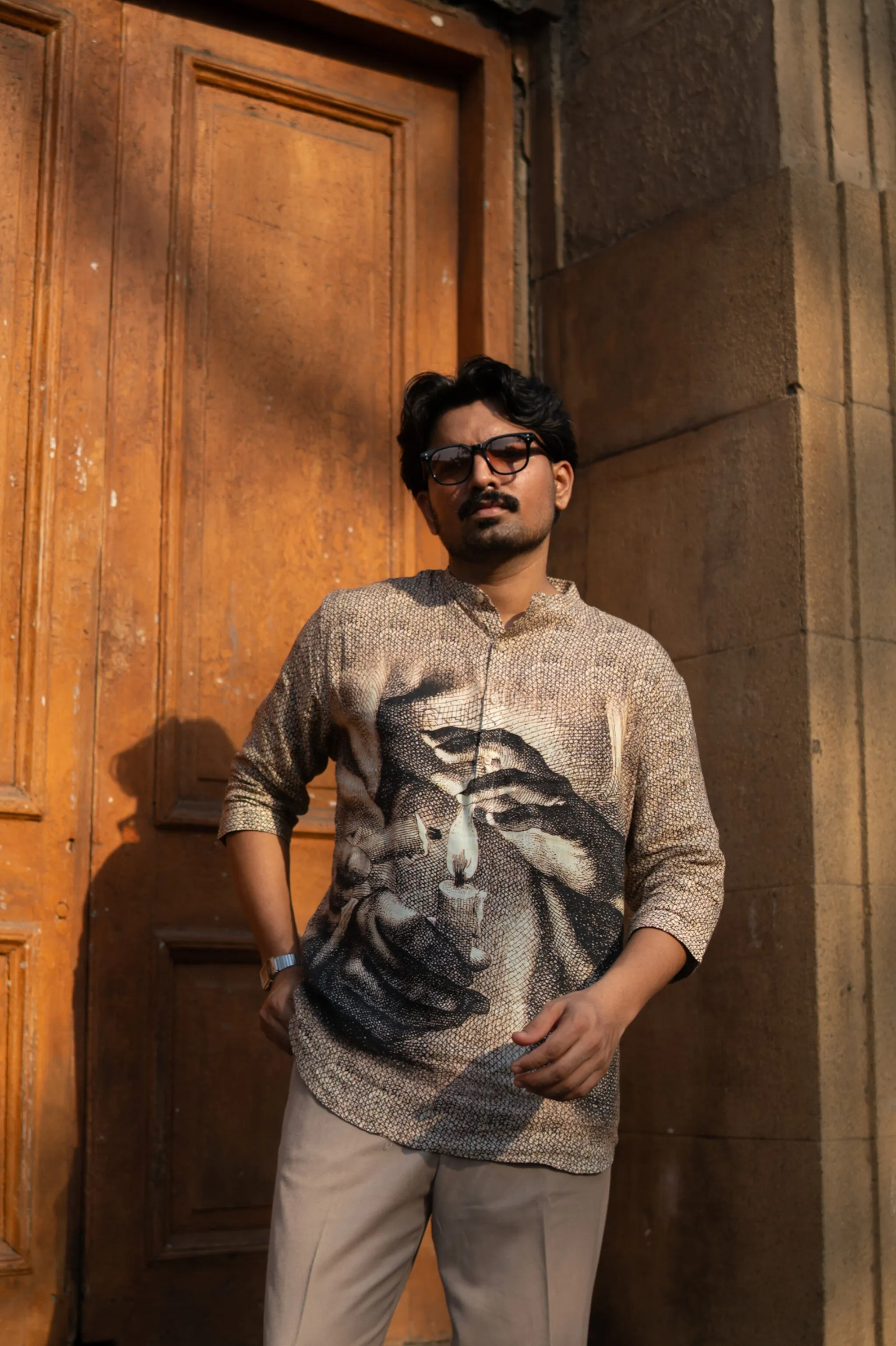Eternal Flame Unisex Digital Print Pure Linen Kurta Style Shirt - AddysForMen