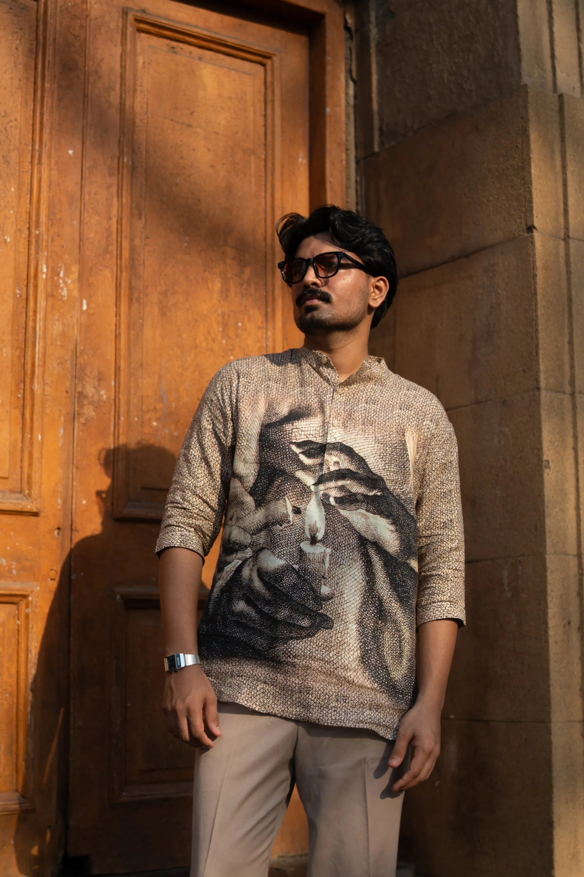 Eternal Flame Unisex Digital Print Pure Linen Kurta Style Shirt - AddysForMen