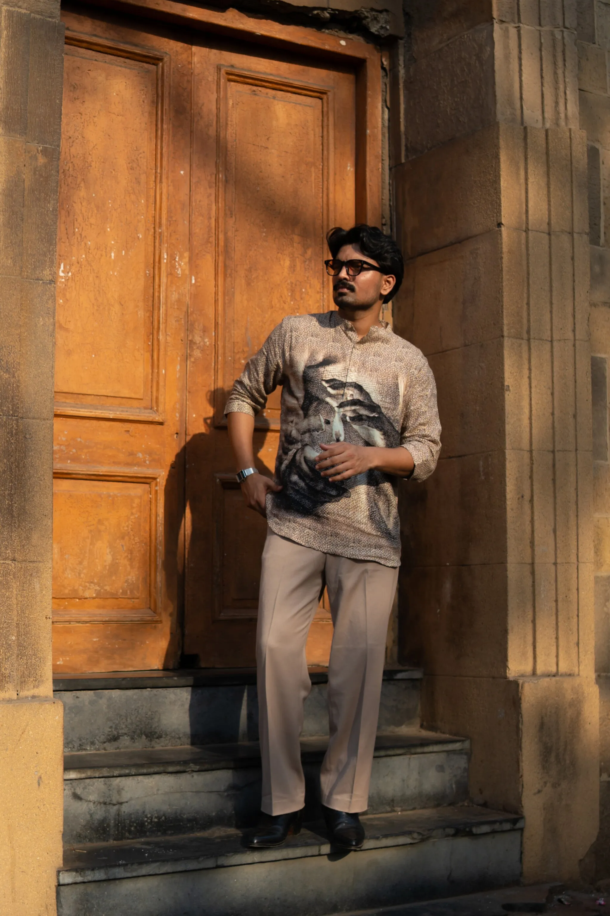 Eternal Flame Unisex Digital Print Pure Linen Kurta Style Shirt - AddysForMen