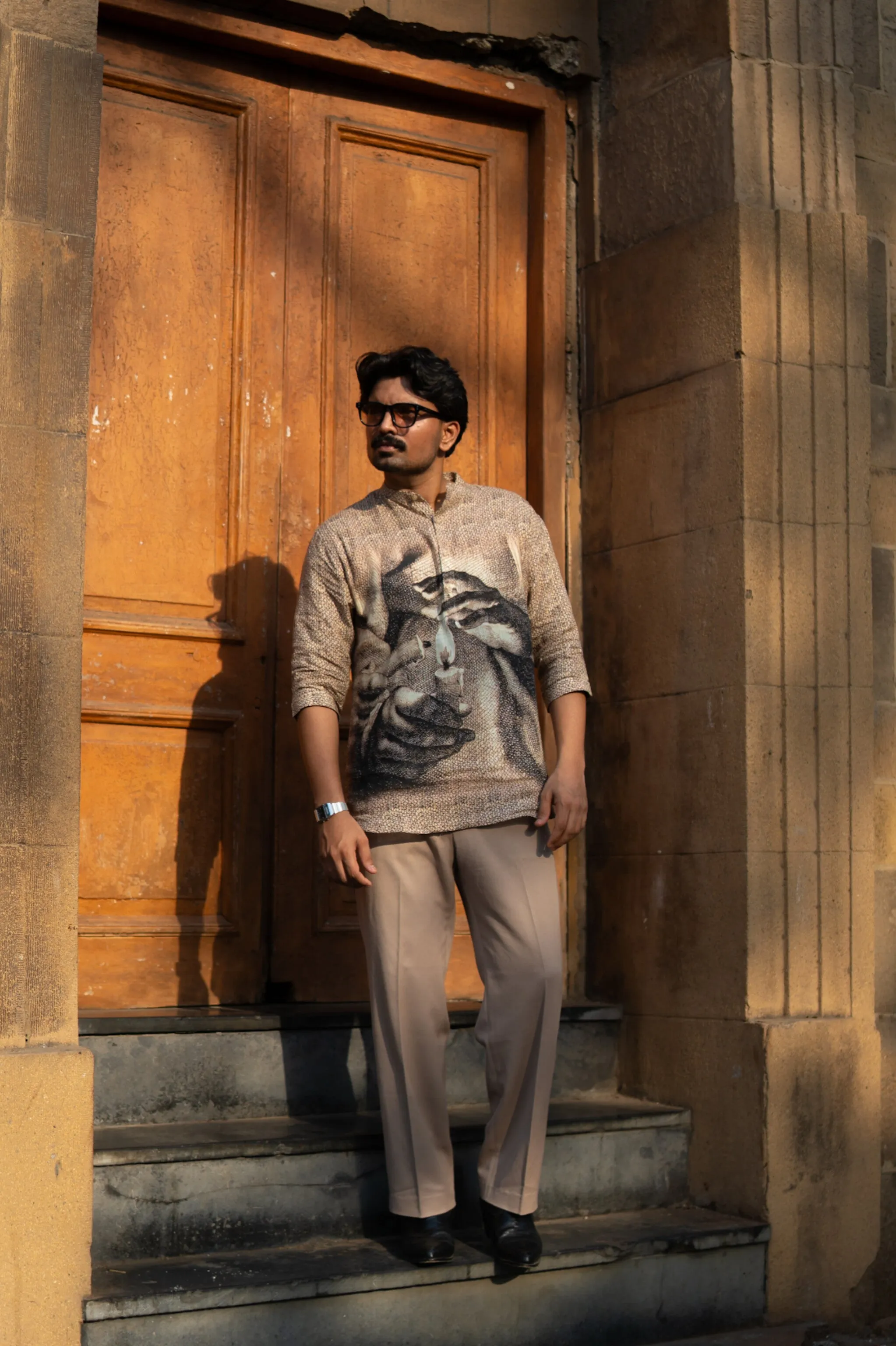 Eternal Flame Unisex Digital Print Pure Linen Kurta Style Shirt - AddysForMen