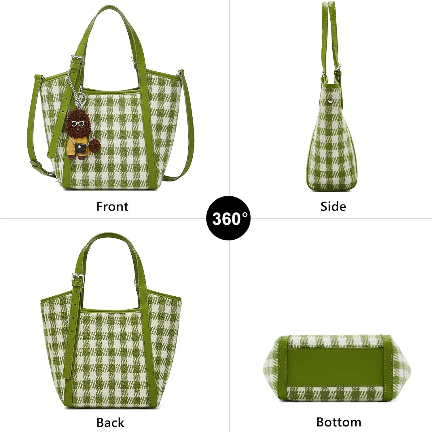 FOXLOVER Checkered Fabric Top-Handle Handbags for Women Small Bucket Basket Crossbody Purse with Doll