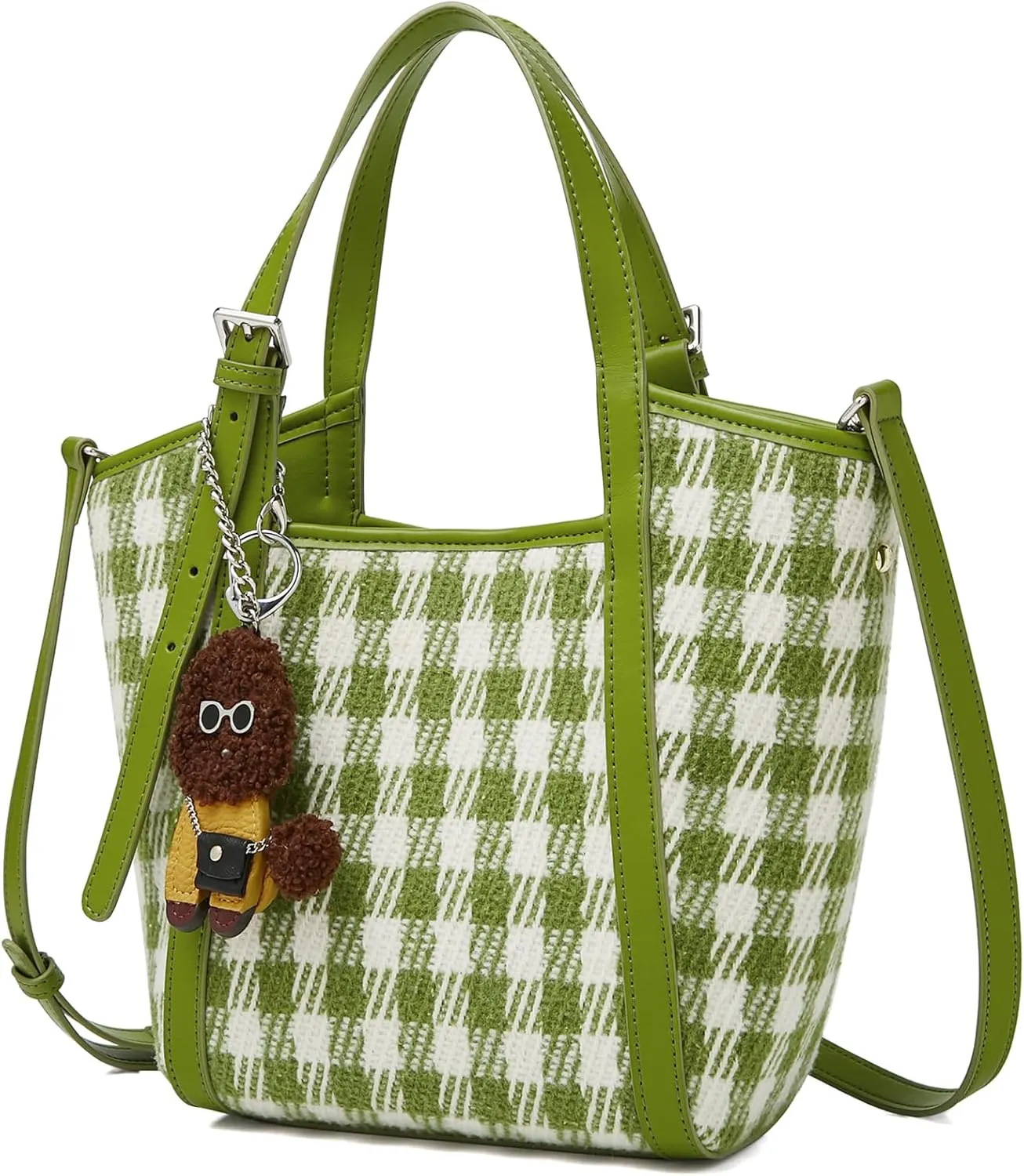 FOXLOVER Checkered Fabric Top-Handle Handbags for Women Small Bucket Basket Crossbody Purse with Doll