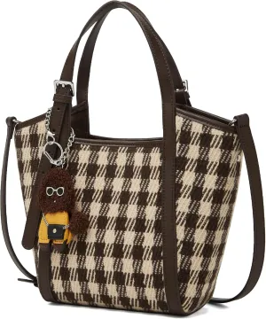 FOXLOVER Checkered Fabric Top-Handle Handbags for Women Small Bucket Basket Crossbody Purse with Doll