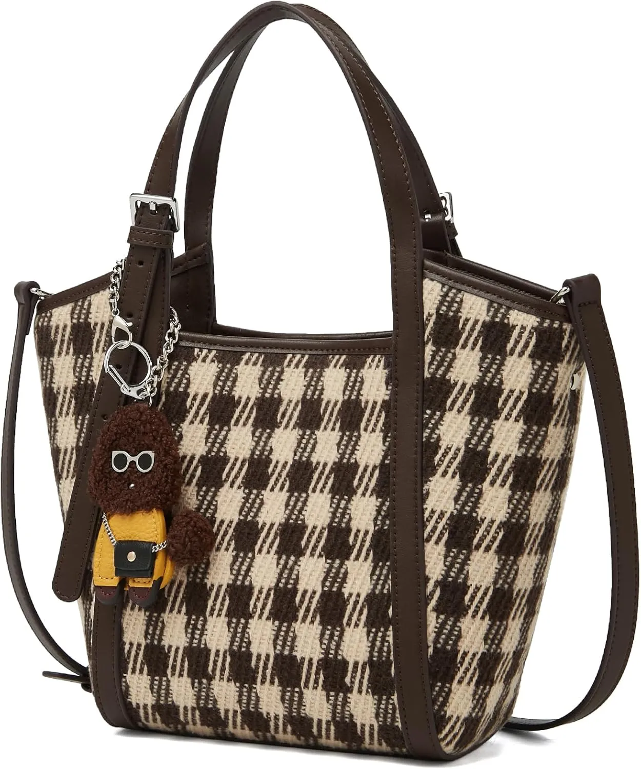 FOXLOVER Checkered Fabric Top-Handle Handbags for Women Small Bucket Basket Crossbody Purse with Doll