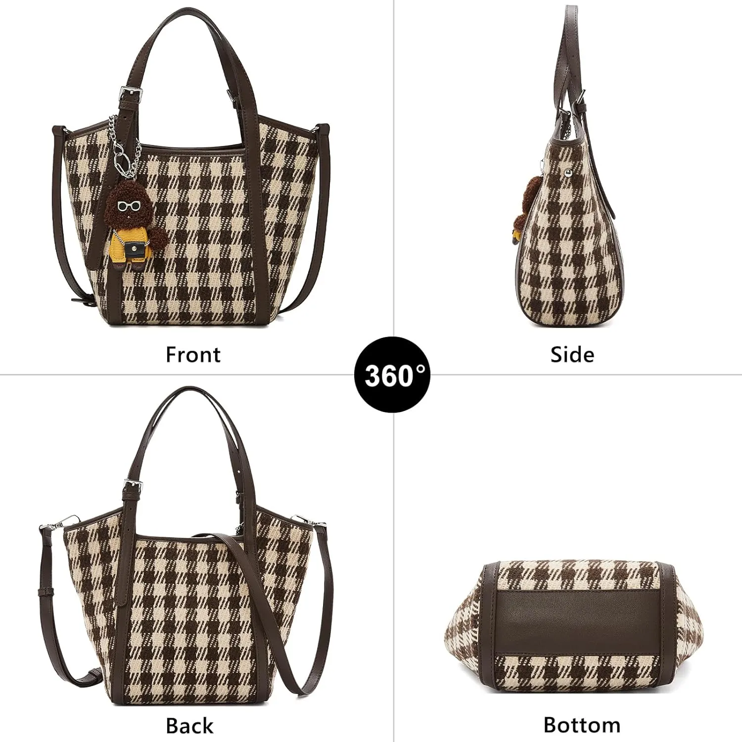 FOXLOVER Checkered Fabric Top-Handle Handbags for Women Small Bucket Basket Crossbody Purse with Doll