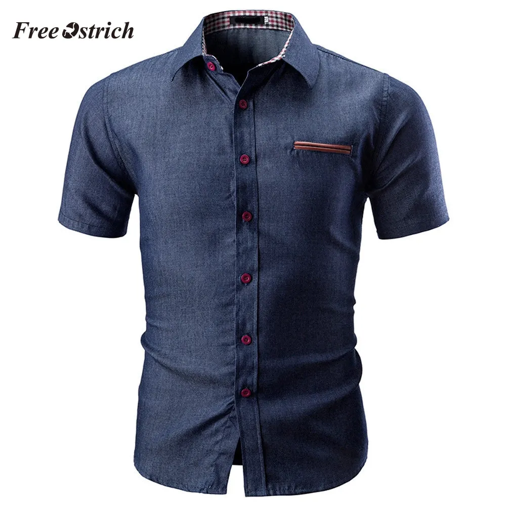 Free Ostrich Men's Turn-down Collar Short Sleeve Shirt Fashion Solid Color Male Casual Short Sleeve High Quality Shirts 91128