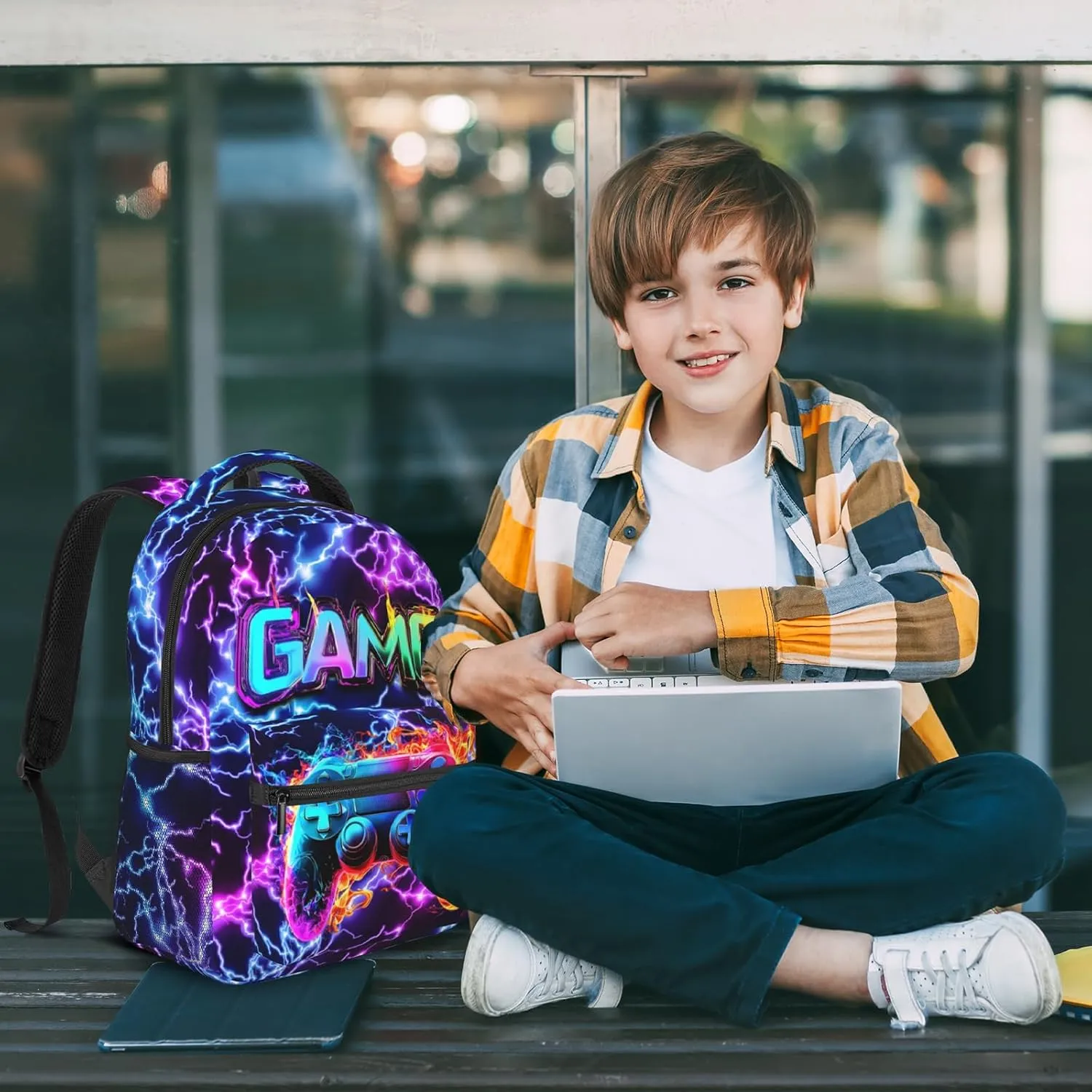 Gaming School Backpack for Boys Girls Abstract Purple Lightning Fire Game Bookbag for Kids 8-15 Computer Laptop School Bag for Children Elementary Travel Hiking Camping Gift for Game Lovers