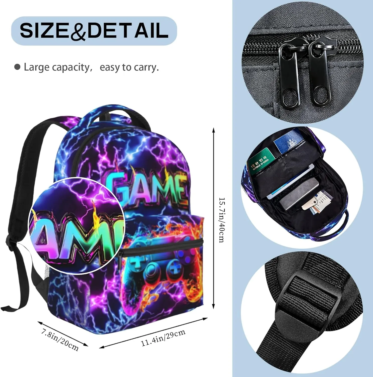 Gaming School Backpack for Boys Girls Abstract Purple Lightning Fire Game Bookbag for Kids 8-15 Computer Laptop School Bag for Children Elementary Travel Hiking Camping Gift for Game Lovers