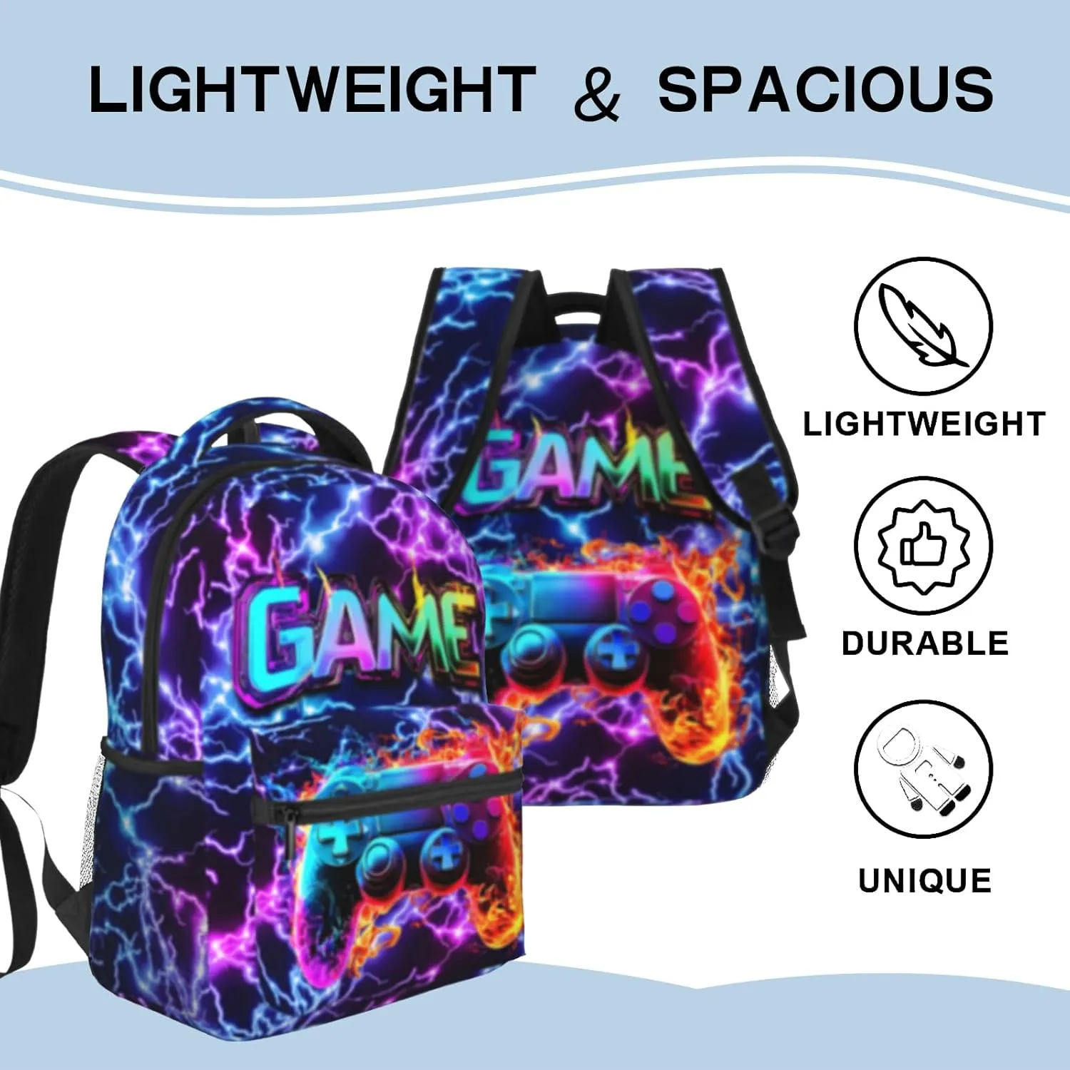 Gaming School Backpack for Boys Girls Abstract Purple Lightning Fire Game Bookbag for Kids 8-15 Computer Laptop School Bag for Children Elementary Travel Hiking Camping Gift for Game Lovers
