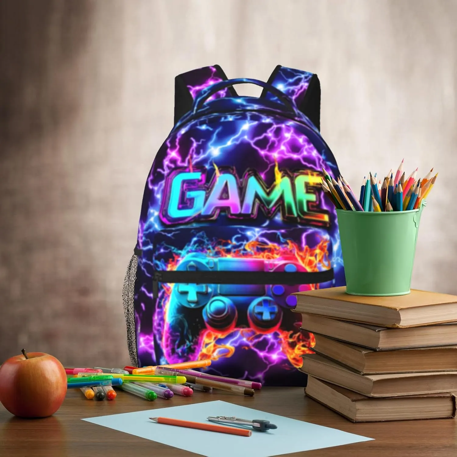 Gaming School Backpack for Boys Girls Abstract Purple Lightning Fire Game Bookbag for Kids 8-15 Computer Laptop School Bag for Children Elementary Travel Hiking Camping Gift for Game Lovers