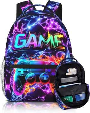 Gaming School Backpack for Boys Girls Abstract Purple Lightning Fire Game Bookbag for Kids 8-15 Computer Laptop School Bag for Children Elementary Travel Hiking Camping Gift for Game Lovers