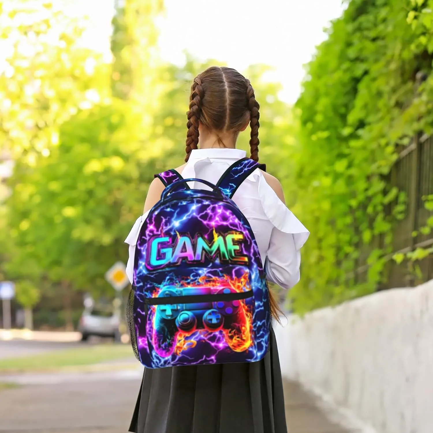 Gaming School Backpack for Boys Girls Abstract Purple Lightning Fire Game Bookbag for Kids 8-15 Computer Laptop School Bag for Children Elementary Travel Hiking Camping Gift for Game Lovers