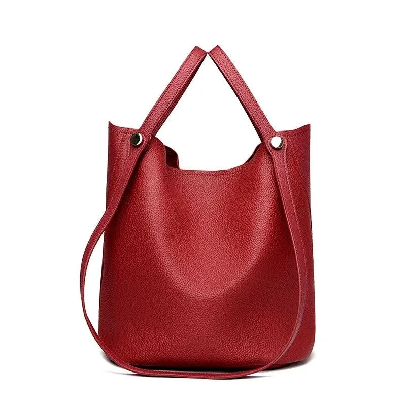 Genuine Leather Tote Bucket Handbags 2 in 1 Medium Purses with Drawstring Pouch