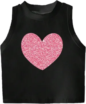 Girl's Glitter Heart Print Tank Top Sleeveless Crew Neck Loose Fit Casual Shirts