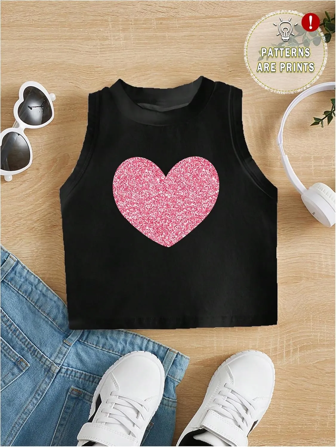 Girl's Glitter Heart Print Tank Top Sleeveless Crew Neck Loose Fit Casual Shirts