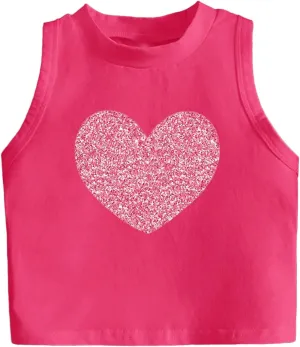 Girl's Glitter Heart Print Tank Top Sleeveless Crew Neck Loose Fit Casual Shirts