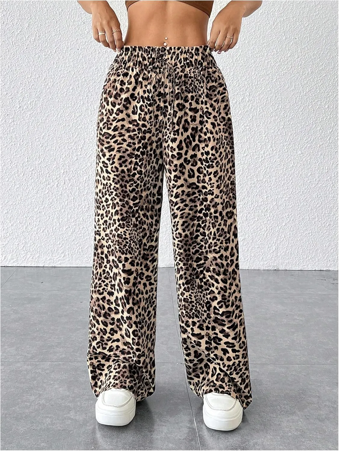 GORGLITTER Women's Leopard Cheetah Print Pants Trendy Animal Wide Leg Elastic Waist Drawstring Loose Joggers Pant