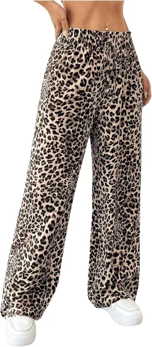 GORGLITTER Women's Leopard Cheetah Print Pants Trendy Animal Wide Leg Elastic Waist Drawstring Loose Joggers Pant