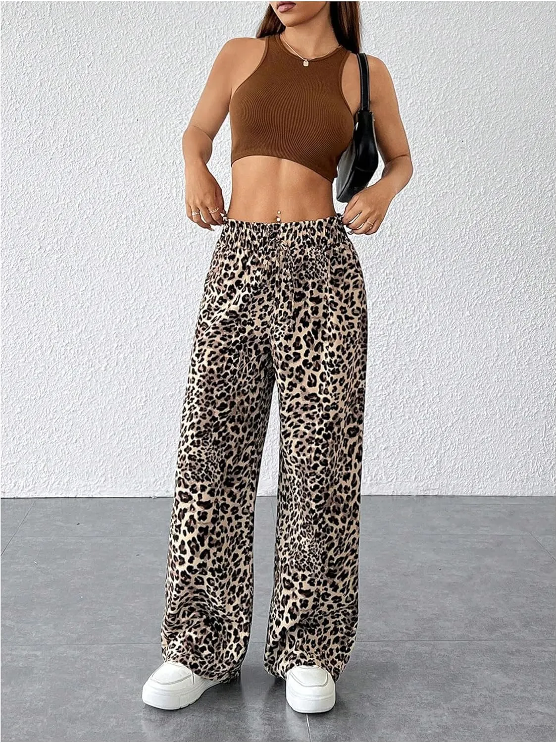 GORGLITTER Women's Leopard Cheetah Print Pants Trendy Animal Wide Leg Elastic Waist Drawstring Loose Joggers Pant