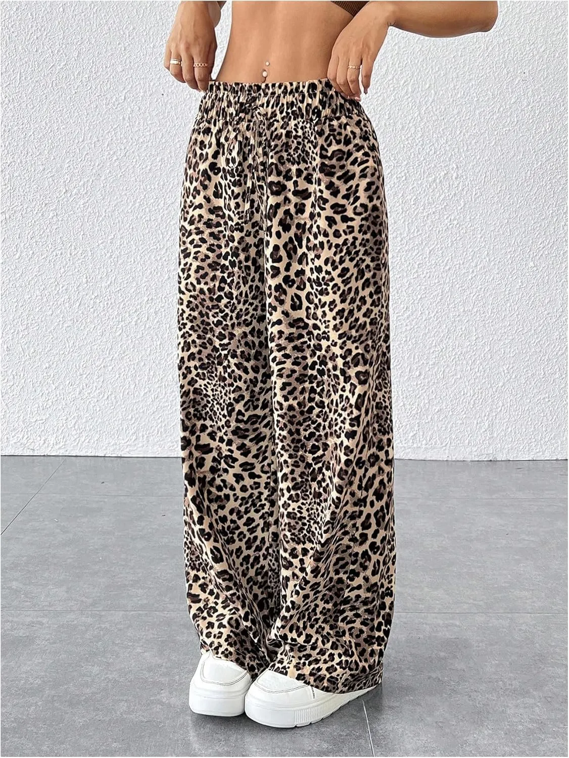 GORGLITTER Women's Leopard Cheetah Print Pants Trendy Animal Wide Leg Elastic Waist Drawstring Loose Joggers Pant