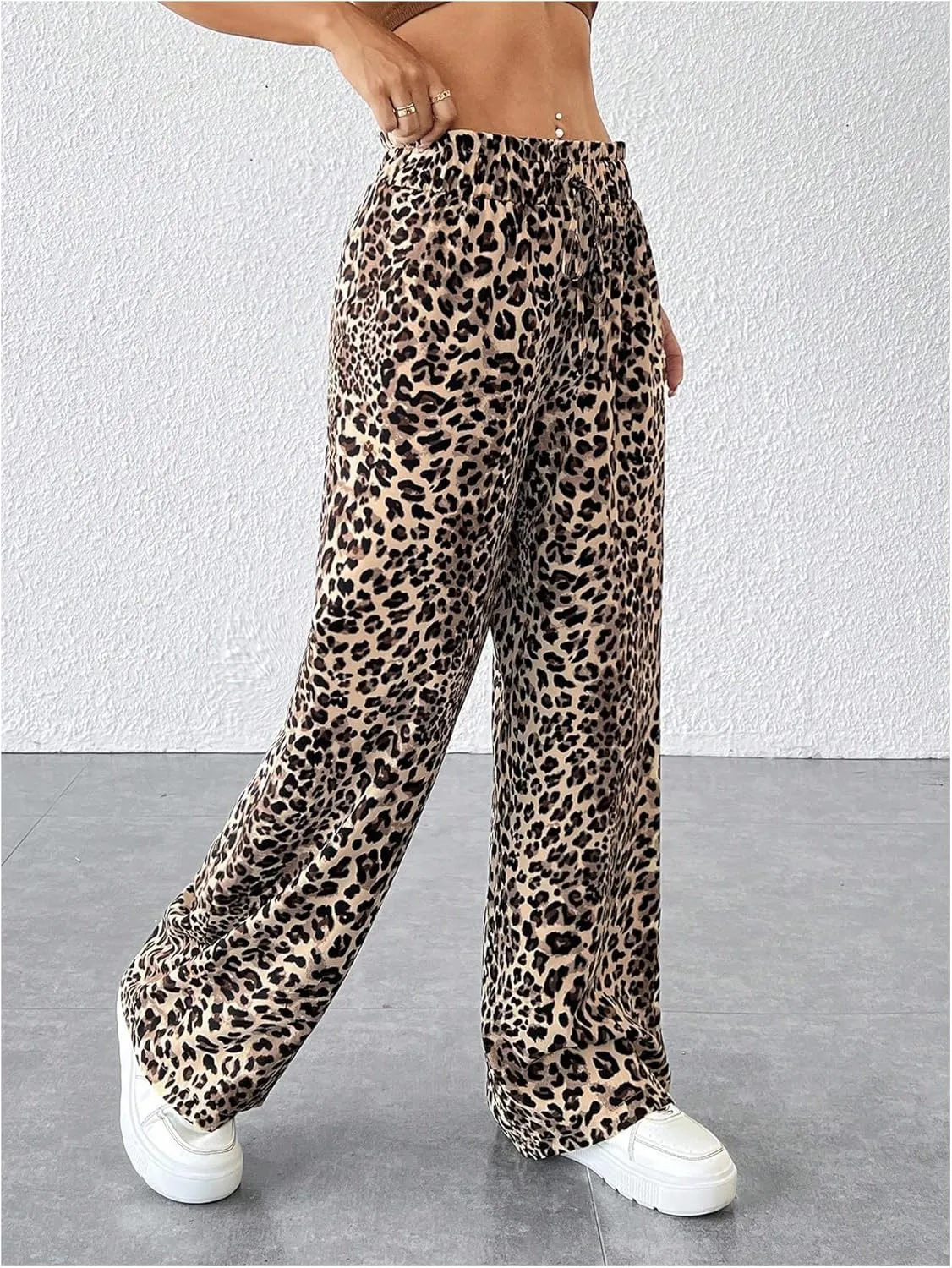 GORGLITTER Women's Leopard Cheetah Print Pants Trendy Animal Wide Leg Elastic Waist Drawstring Loose Joggers Pant