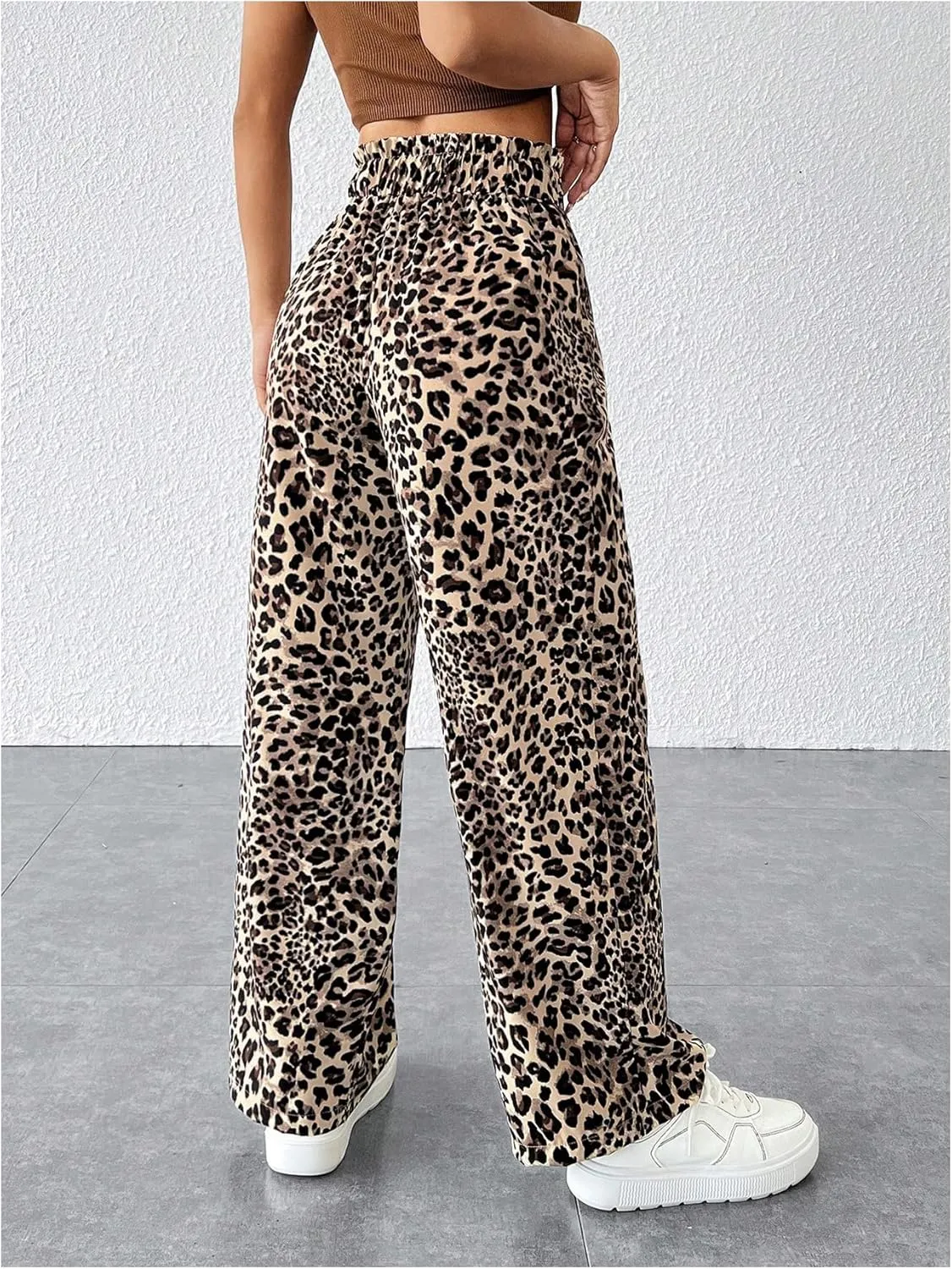 GORGLITTER Women's Leopard Cheetah Print Pants Trendy Animal Wide Leg Elastic Waist Drawstring Loose Joggers Pant