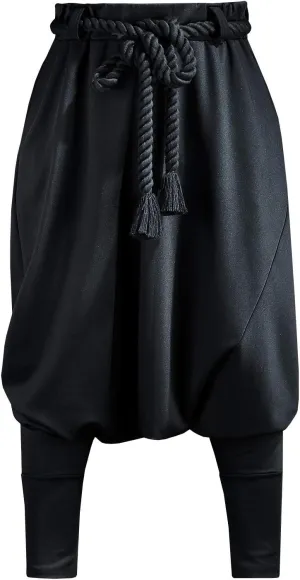 Harem Pants for Men Goth Genie Boho Baggy Trousers with Rope Belt Drop Crotch Festival Streetwear Black